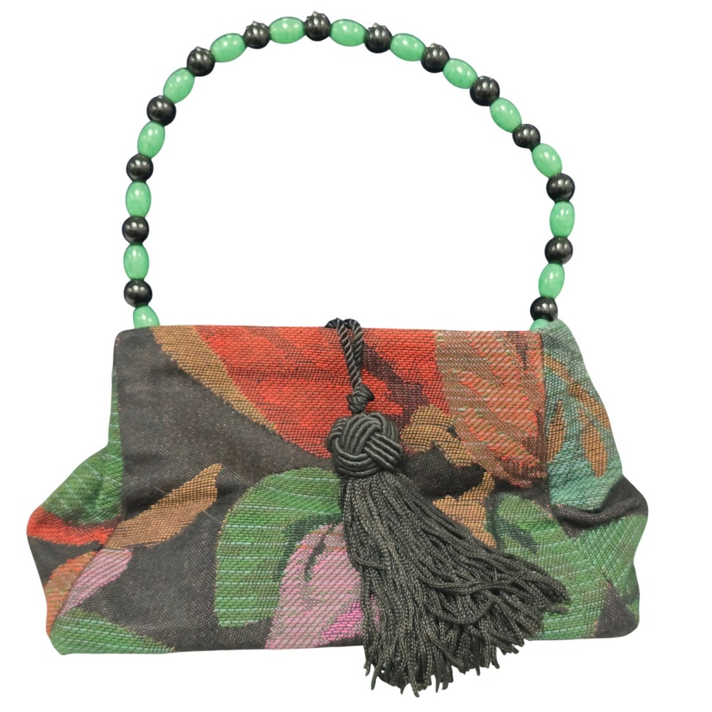 Attache Tapestry Tropical Floral Evening Bag Beaded Handle Tassel Multicolor - Picture 6 of 10